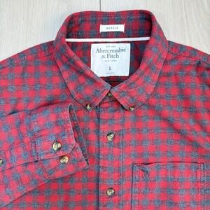 Y2K Abercrombie & Fitch Mens Large Red Gray Gingham Flannel Shirt Muscle Fit